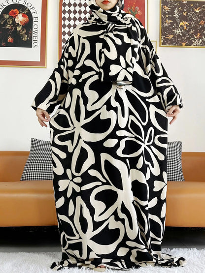 2025 Muslim Rayon Abayas For Women Ramadan Prayer Dubai Turkey Middle East Femme Robe Floral Loose African Dress Turban Joint