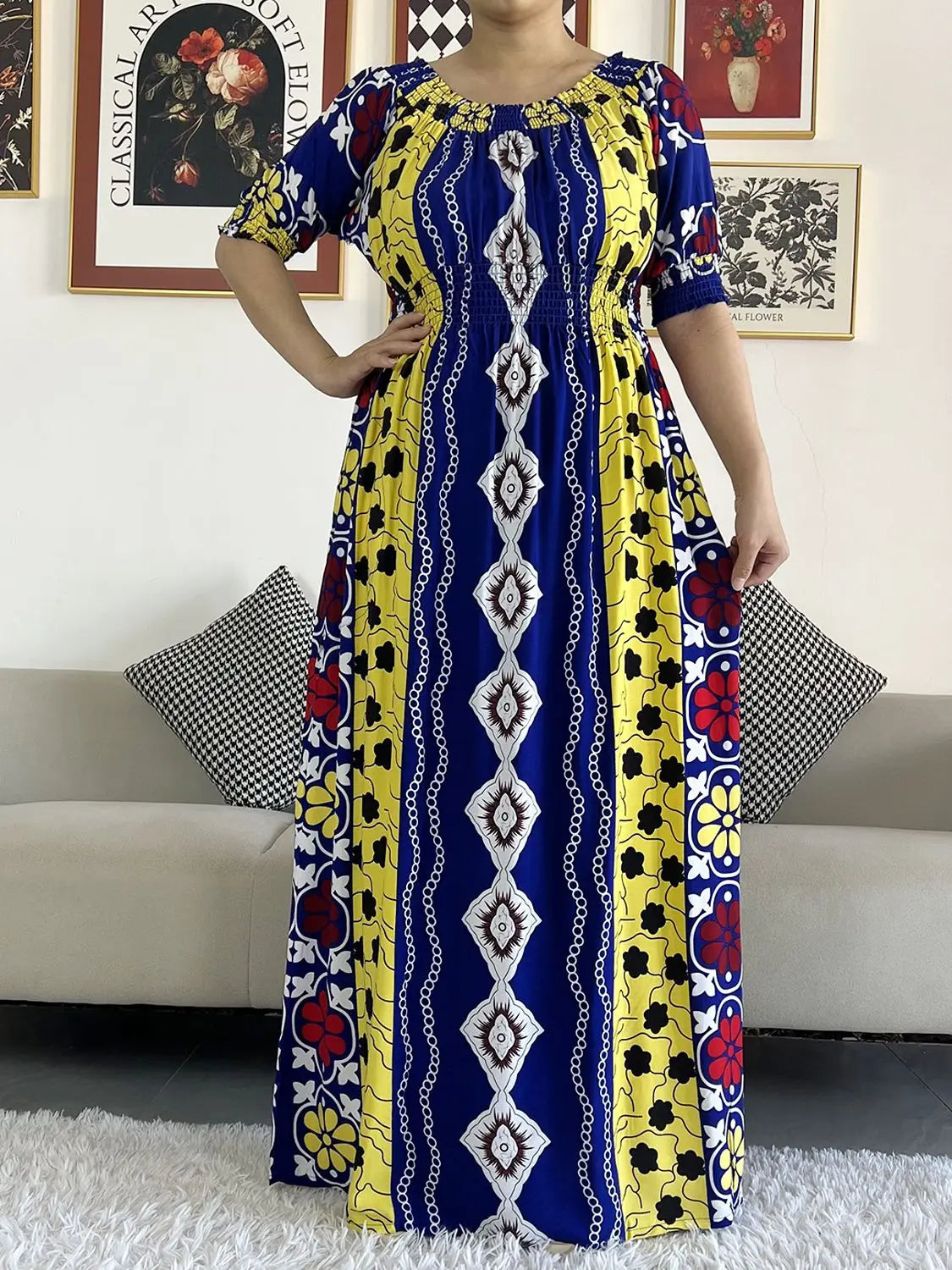 2023 New African Dashiki Cotton Floral Dress Printed Short Sleeve Collect Waist Straight Loose African Women Dress with Scarf