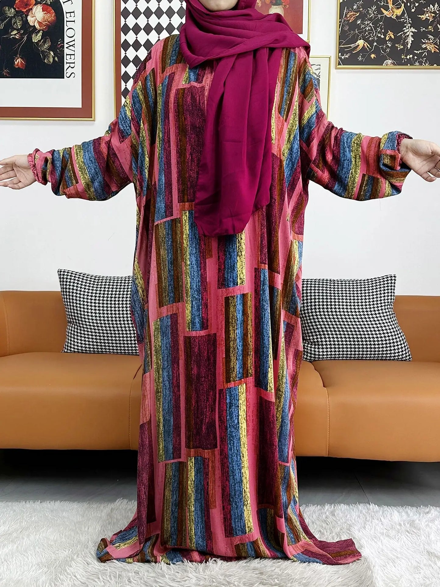 2025 Muslim Rayon Abayas For Women Ramadan Prayer Dubai Turkey Middle East Femme Robe Floral Loose African Dress Turban Joint