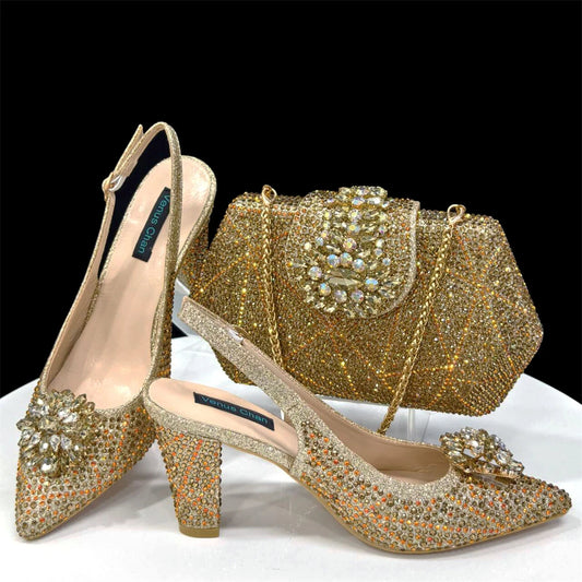Venus Chan Elegant Pointed-Toe Heeled Sandals Shoes 2024 Woman High Heels Rhinestone New Italian Shoes and Bag for Party