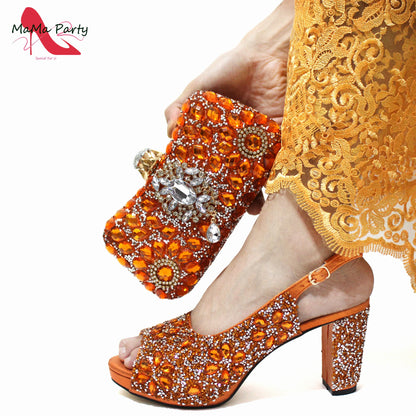 2024 Fashion New Arrivals INS Hot Sale Full Crystal Shinning Shoes and Bag Set for Dress in Red Color Sandals Christmas Party