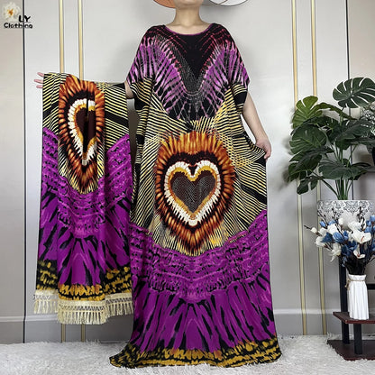 2024New Muslim Abaya Cotton Dress Women Loose African Dashiki Maxi Printing Diamonds Femme Robe Dubai Islam Dress With Big Scarf