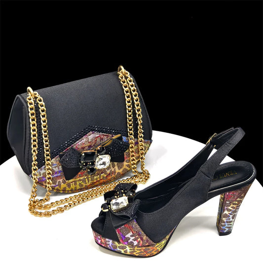 Venus Chan Shoes for Women High Heels INS Style Rhinestone Peep Toe Bow Gold Color New Italian Shoes and Bag for Party 2024