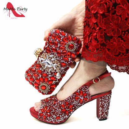 2024 Fashion New Arrivals INS Hot Sale Full Crystal Shinning Shoes and Bag Set for Dress in Red Color Sandals Christmas Party