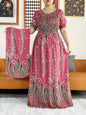 2023 New African Dashiki Cotton Floral Dress Printed Short Sleeve Collect Waist Straight Loose African Women Dress with Scarf