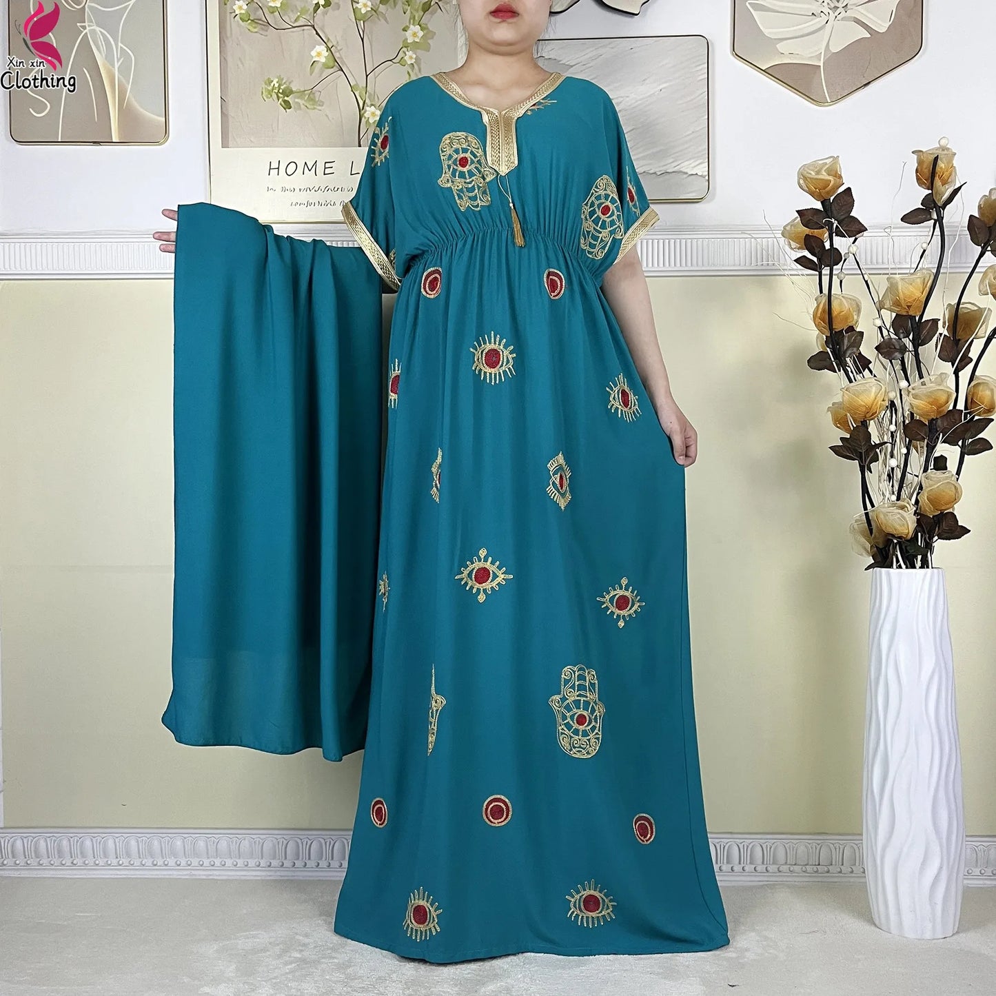 New African Women Dashiki Cotton Dress Fashion Printing Collect Waist Summer Short Sleeve Islam Boubou Maxi Woman Abaya Clothing