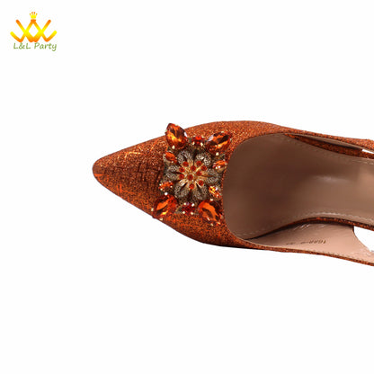 2024 New Arrivals Italian Ladies Shoes and bag Set High Quality Orange Color Pumps with Shinning Crystal for Wedding Party
