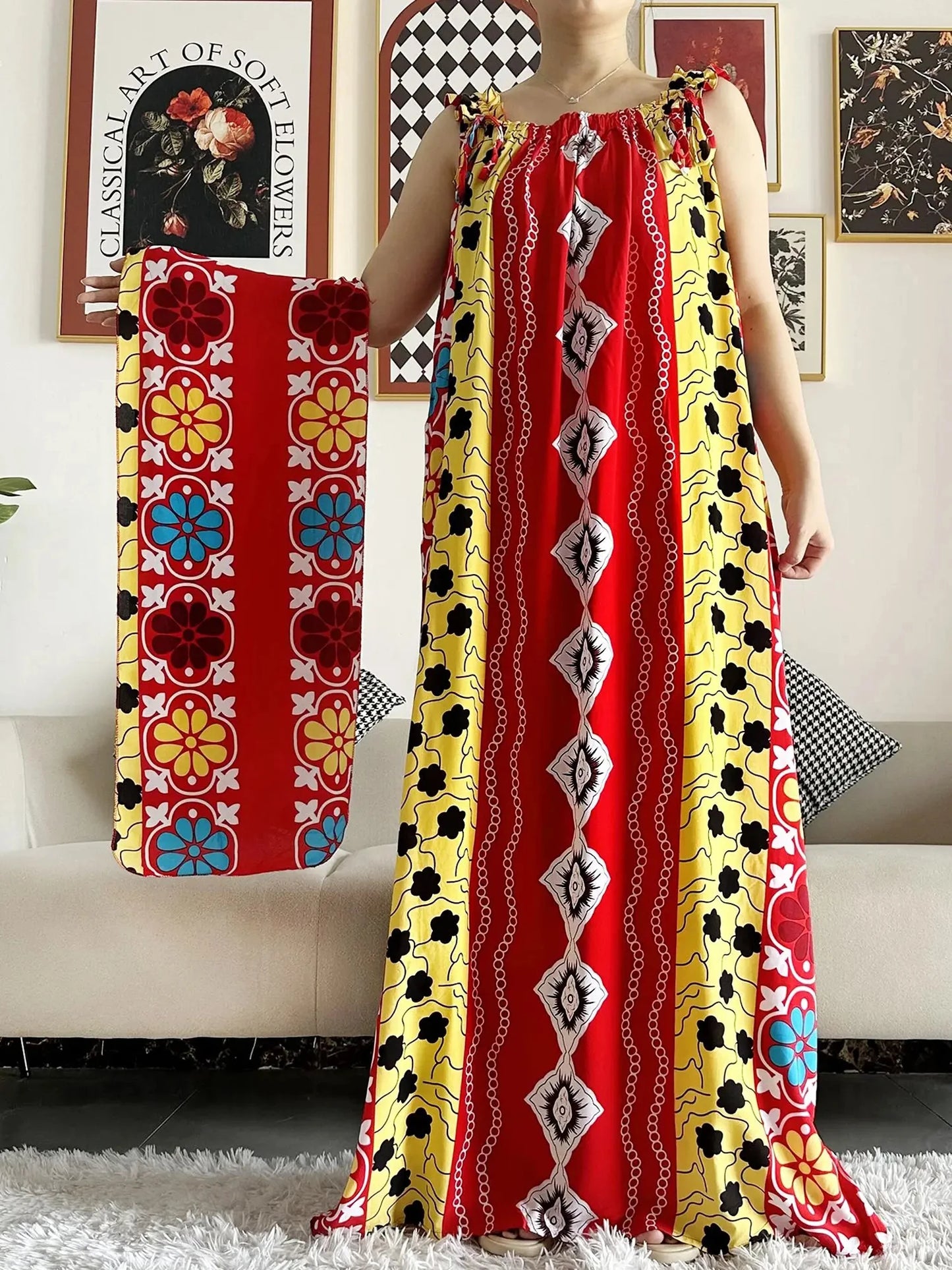 New Arrivals Women's Cotton Summer Sleeveless Dress With Scarfs Under Dress African Dashiki Maxi Lady Robe Loose Kaftan Vestidos