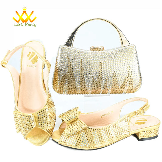 Low Heels Fashion 2024 Spring Summer New Design Nigerian Women Shoes and Bag Set in Gold Color Italian Women Design For Wedding