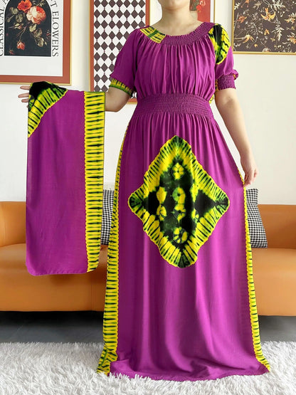 2023 New African Dashiki Cotton Floral Dress Printed Short Sleeve Collect Waist Straight Loose African Women Dress with Scarf
