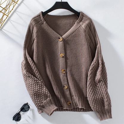 Solid Color Button Knit Cardigan Loose Lantern Sleeve Sweater Women