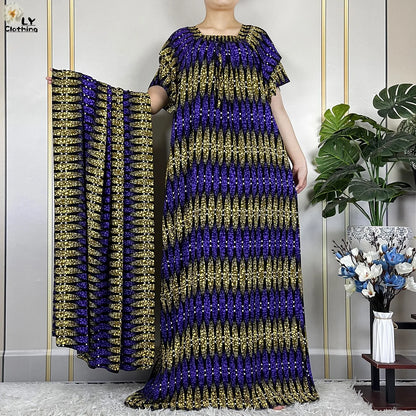 2024 New Muslim Dubai Fashion Women Cotton Dresse With Big Scarf For Women Maxi Summer Short Sleeve Loose African Abaya Clothing