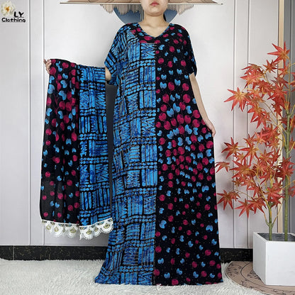 2024 Latest Muslim Sets Women Clothing Cotton Floral Loose Dashiki Long Dress African Abaya Dubai Traditional Islamic Clothing