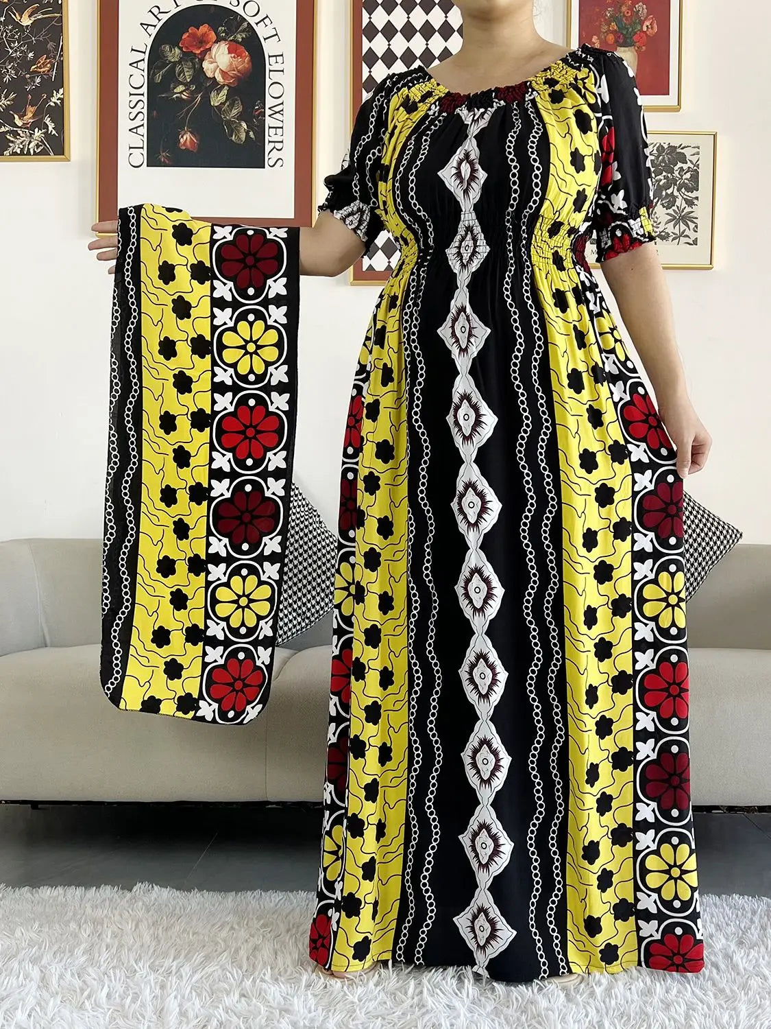 2023 New African Dashiki Cotton Floral Dress Printed Short Sleeve Collect Waist Straight Loose African Women Dress with Scarf