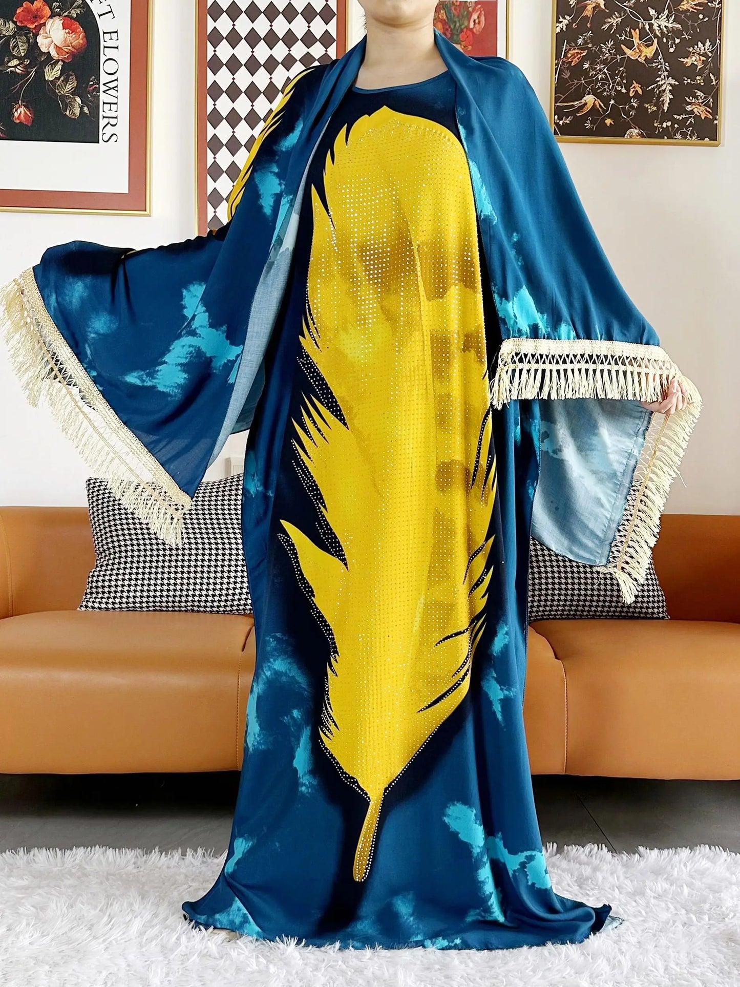 2025  African Women Party Dress Big Scarf Tassels Cotton Printed Loose Floral Boubou Maxi Islam Women Short Sleeve Abaya