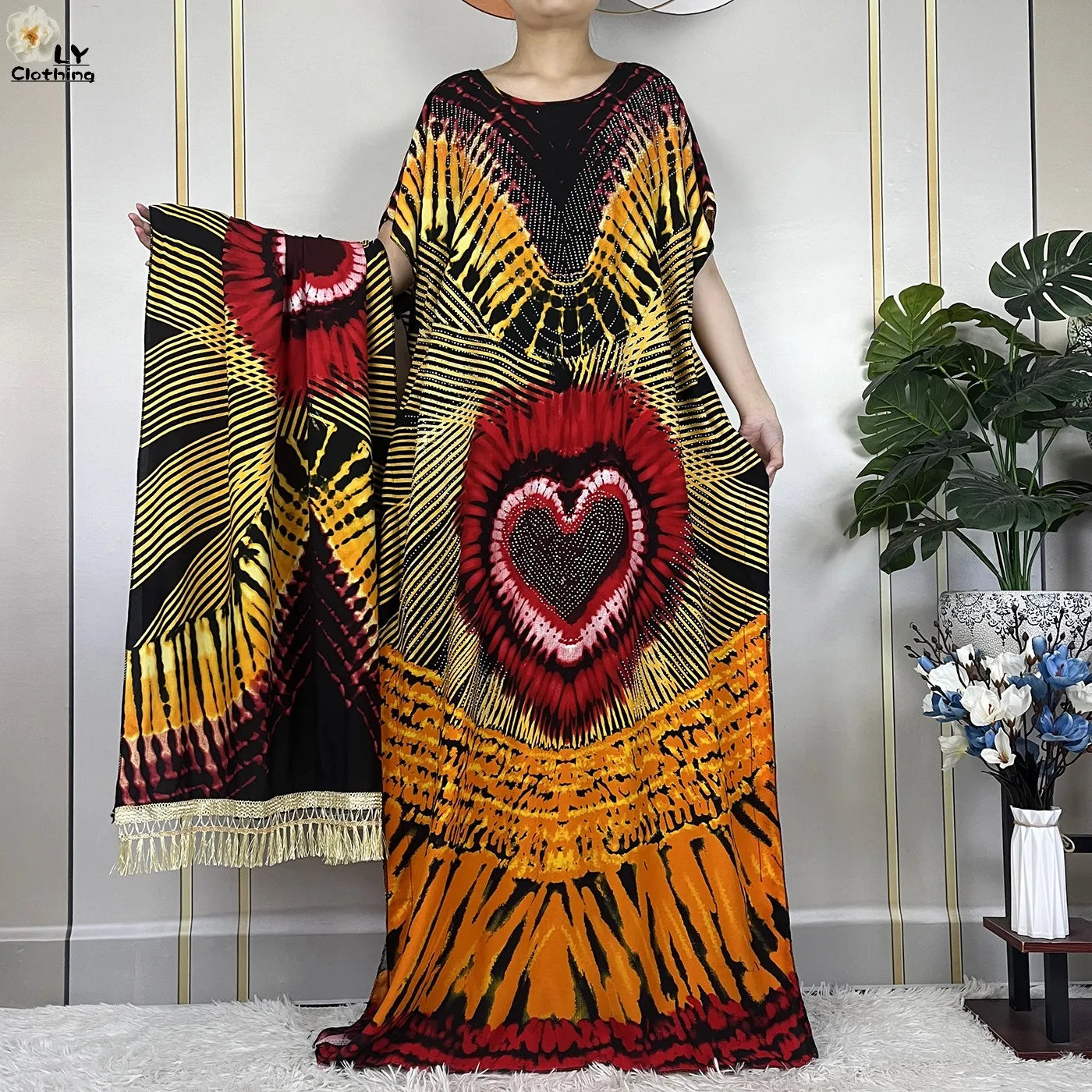 2024New Muslim Abaya Cotton Dress Women Loose African Dashiki Maxi Printing Diamonds Femme Robe Dubai Islam Dress With Big Scarf