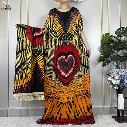 2024New Muslim Abaya Cotton Dress Women Loose African Dashiki Maxi Printing Diamonds Femme Robe Dubai Islam Dress With Big Scarf