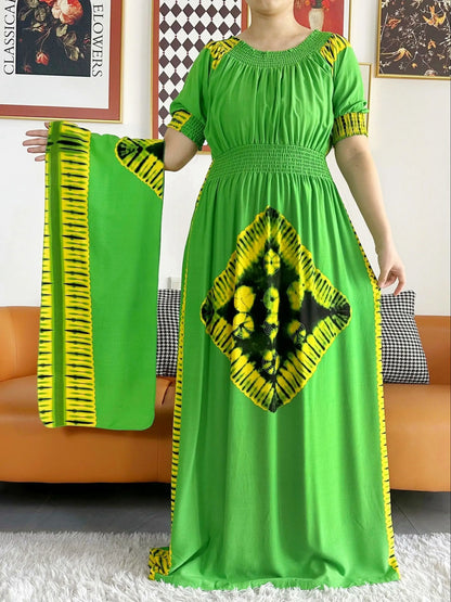 2023 New African Dashiki Cotton Floral Dress Printed Short Sleeve Collect Waist Straight Loose African Women Dress with Scarf