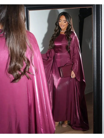 Rose Muslim Kaftan Dress Shiny Batwing Satin Maxi Abaya Dubai Luxury 2025 Abaya For Women Islam Caftan Marocain Femme Long Robes