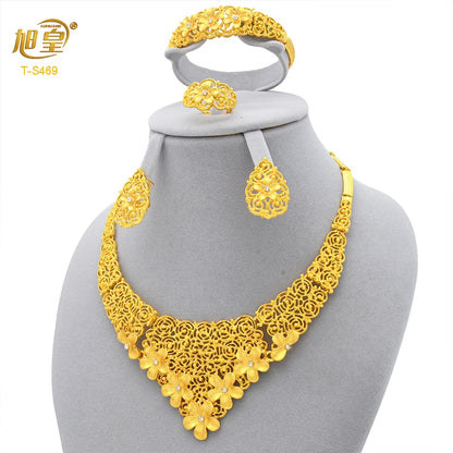 XUHUANG Luxury Crystal Gold Color Necklace Sets For Women Wedding Dubai African Jewelry Set Indian Jewellery Anniversary Gifts