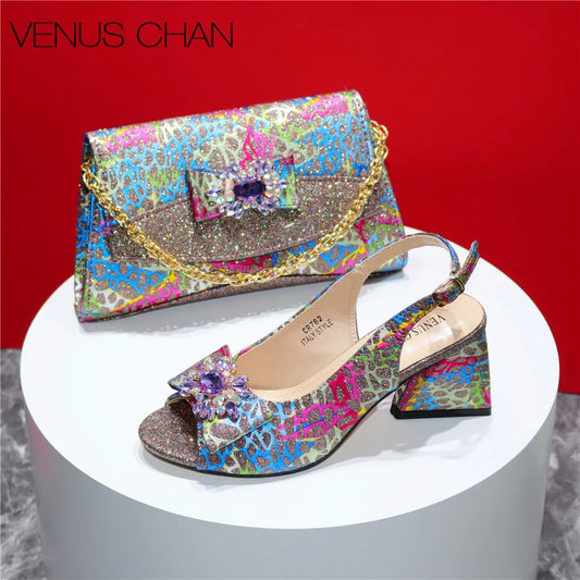 High Quality Blue Color 2024 New Design African Women Shoes and Bag Set Peep Toe with Shinning Crystal for Wedding Party