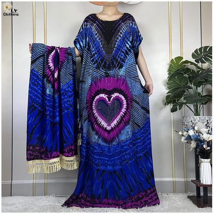 2024New Muslim Abaya Cotton Dress Women Loose African Dashiki Maxi Printing Diamonds Femme Robe Dubai Islam Dress With Big Scarf