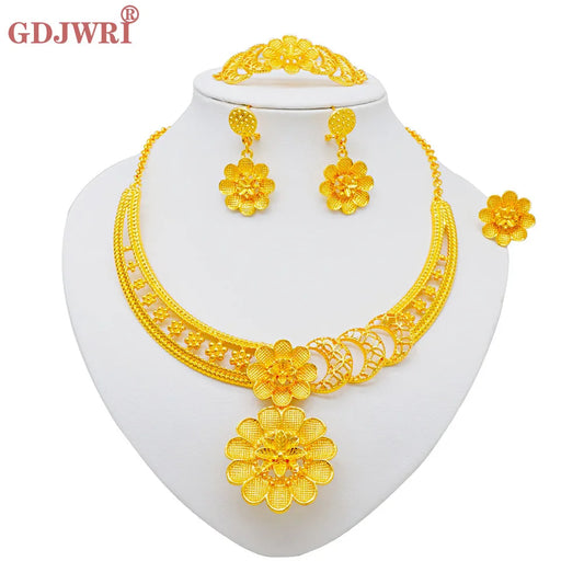GDJWRI African Luxury Jewelry Set Big Necklace Dubai Ethiopian Gold Color Jewelery Earring Bracelet For Women Bridal Wholesale