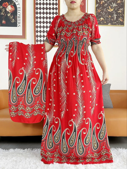 2023 New African Dashiki Cotton Floral Dress Printed Short Sleeve Collect Waist Straight Loose African Women Dress with Scarf