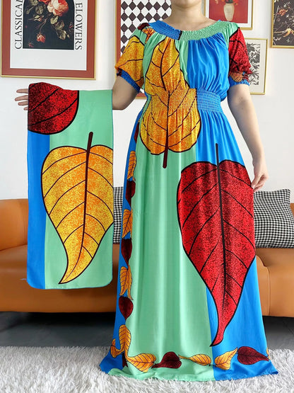 2023 New African Dashiki Cotton Floral Dress Printed Short Sleeve Collect Waist Straight Loose African Women Dress with Scarf
