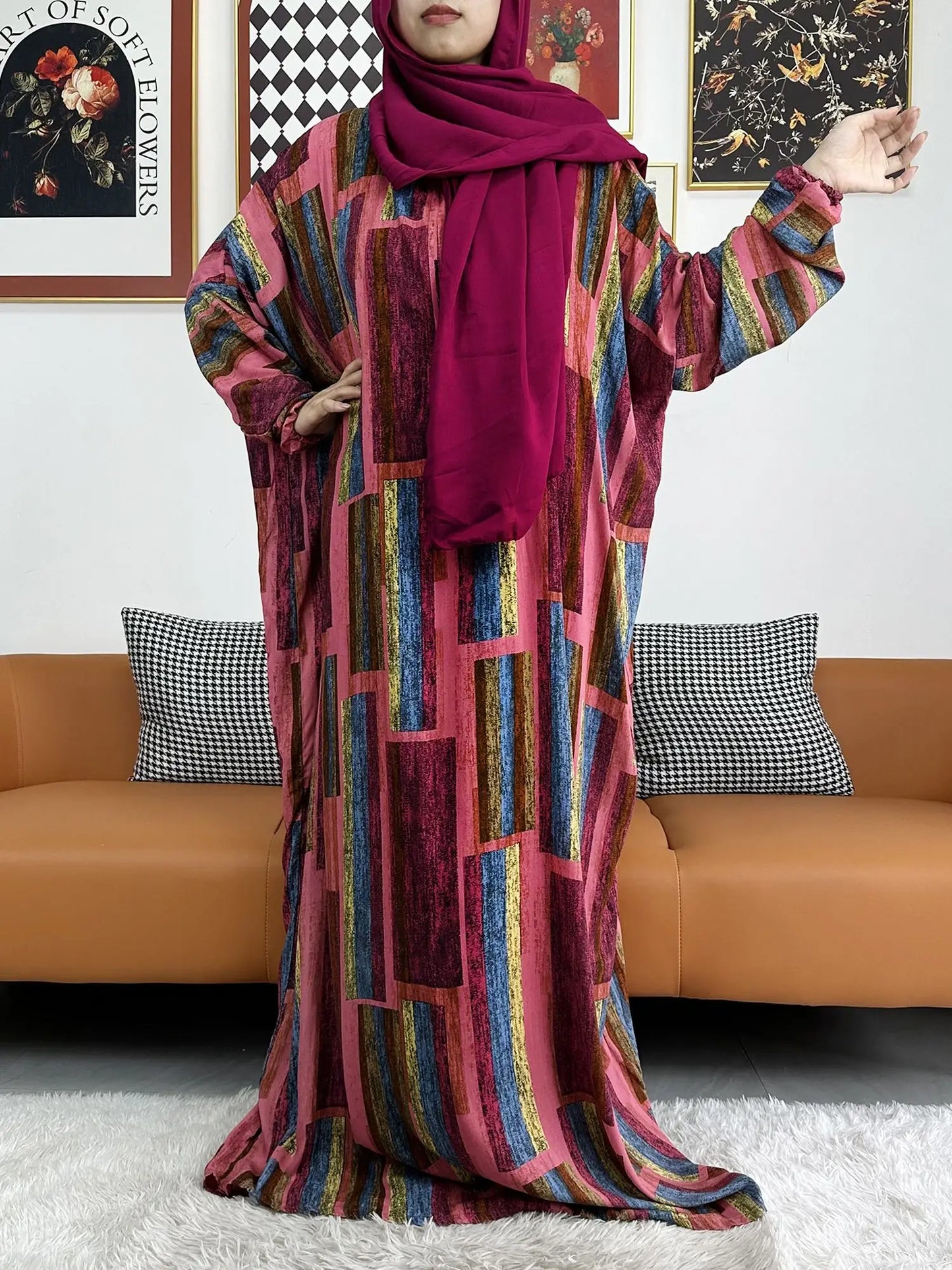 2025 Muslim Rayon Abayas For Women Ramadan Prayer Dubai Turkey Middle East Femme Robe Floral Loose African Dress Turban Joint