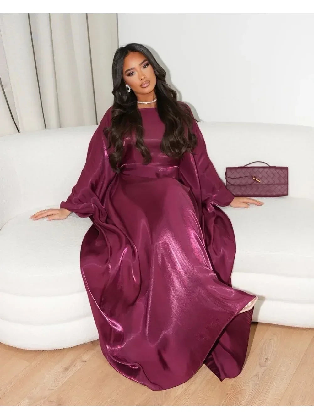 Rose Muslim Kaftan Dress Shiny Batwing Satin Maxi Abaya Dubai Luxury 2025 Abaya For Women Islam Caftan Marocain Femme Long Robes