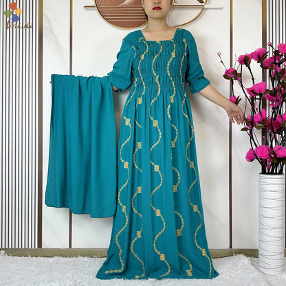 Muslim Fashion Women Party Clothing Cotton Half Sleeve Elastic Waist Dress Boubou Maxi African Abaya Dress Islamic Women Dress