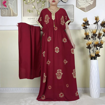 New African Women Dashiki Cotton Dress Fashion Printing Collect Waist Summer Short Sleeve Islam Boubou Maxi Woman Abaya Clothing