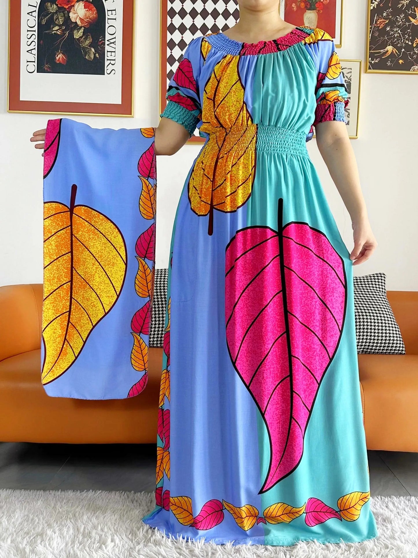 2023 New African Dashiki Cotton Floral Dress Printed Short Sleeve Collect Waist Straight Loose African Women Dress with Scarf