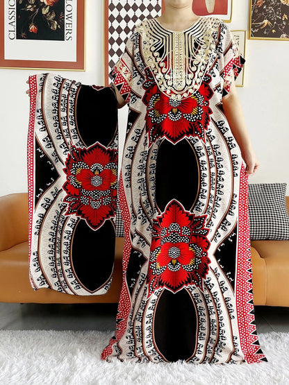 2023 African Dashiki Dress Kaftan Abaya Cotton Boat-neck Floral Dress Printed Short Sleeve Loose Women Casual Dress with Scarf