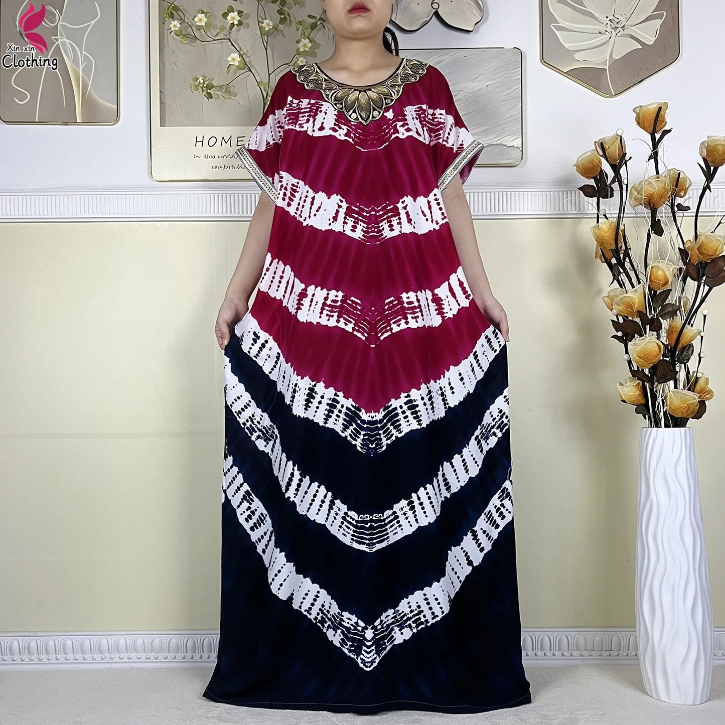2024Latest African Abaya Women Dashiki Summer Short Sleeve Dubai Fashion Printed Cotton Robe Muslim Femme Loose Dress With Scarf