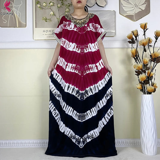 2024Latest African Abaya Women Dashiki Summer Short Sleeve Dubai Fashion Printed Cotton Robe Muslim Femme Loose Dress With Scarf