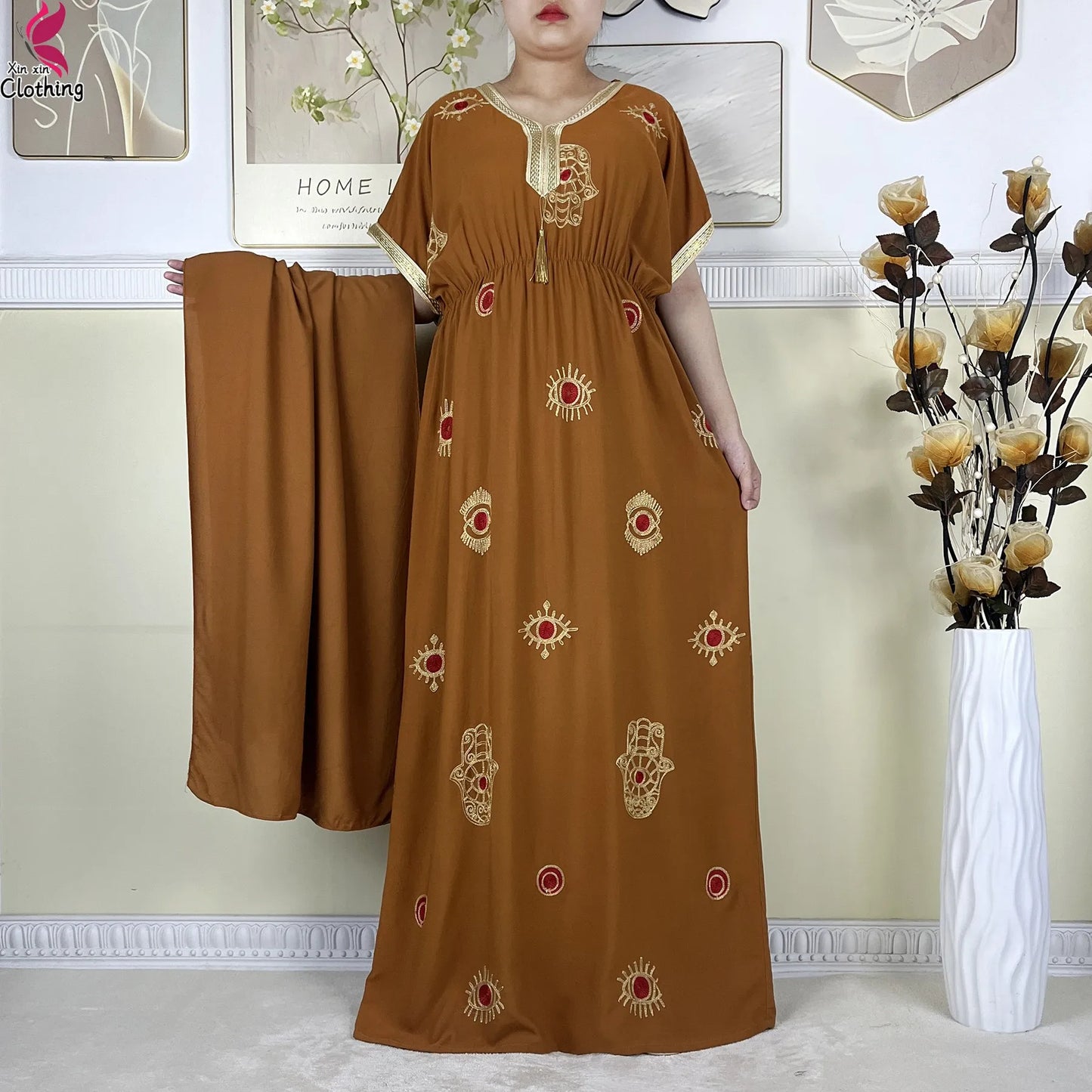 New African Women Dashiki Cotton Dress Fashion Printing Collect Waist Summer Short Sleeve Islam Boubou Maxi Woman Abaya Clothing