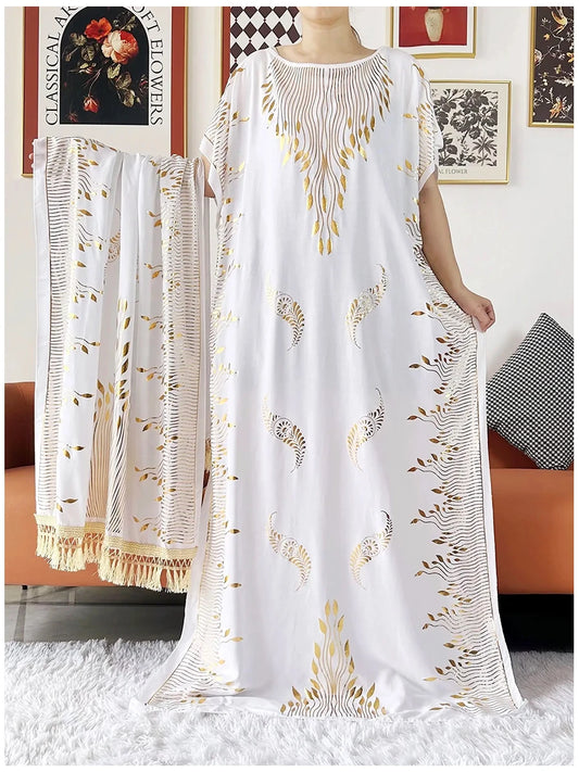 Muslim Abayas For Women Dubai Stretch Print Hot Stamping Loose Fit  Elegant Dresses Caftan Marocain Femme Robe With Headscarf