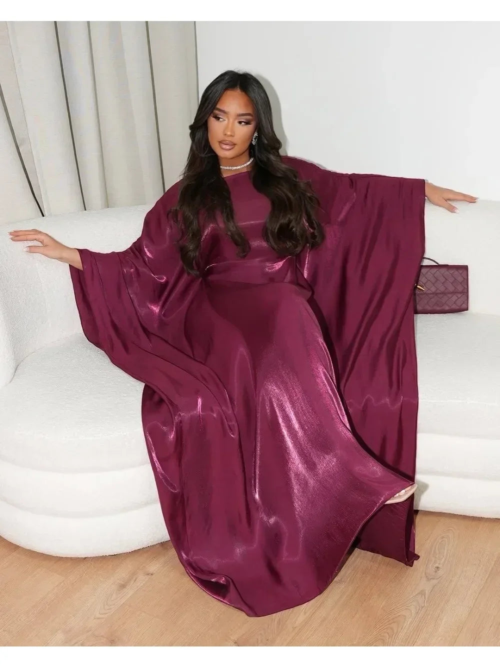 Rose Muslim Kaftan Dress Shiny Batwing Satin Maxi Abaya Dubai Luxury 2025 Abaya For Women Islam Caftan Marocain Femme Long Robes
