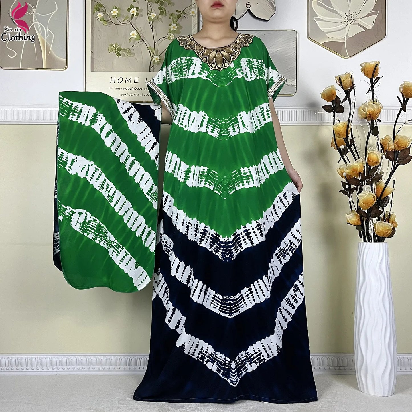 2024Latest African Abaya Women Dashiki Summer Short Sleeve Dubai Fashion Printed Cotton Robe Muslim Femme Loose Dress With Scarf