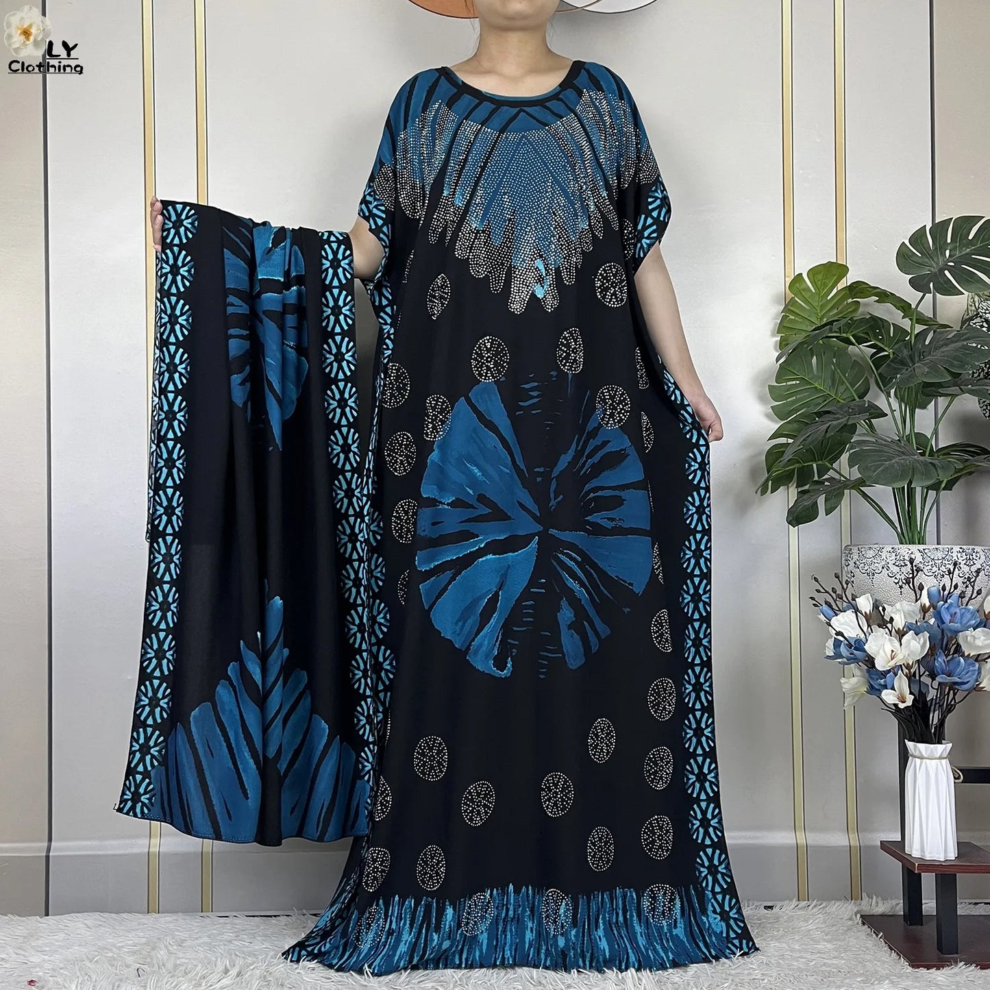 2024New Muslim Abaya Cotton Dress Women Loose African Dashiki Maxi Printing Diamonds Femme Robe Dubai Islam Dress With Big Scarf