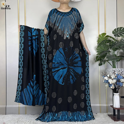 2024New Muslim Abaya Cotton Dress Women Loose African Dashiki Maxi Printing Diamonds Femme Robe Dubai Islam Dress With Big Scarf
