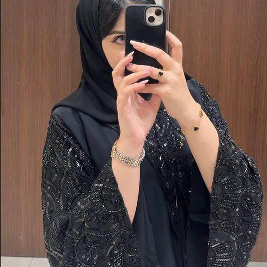 2025 Ramadan Black Open Include Hijab Turban Abaya Dubai Luxury Islamic Clothing Muslim Dress Black Beaded Dubai Abaya For Women