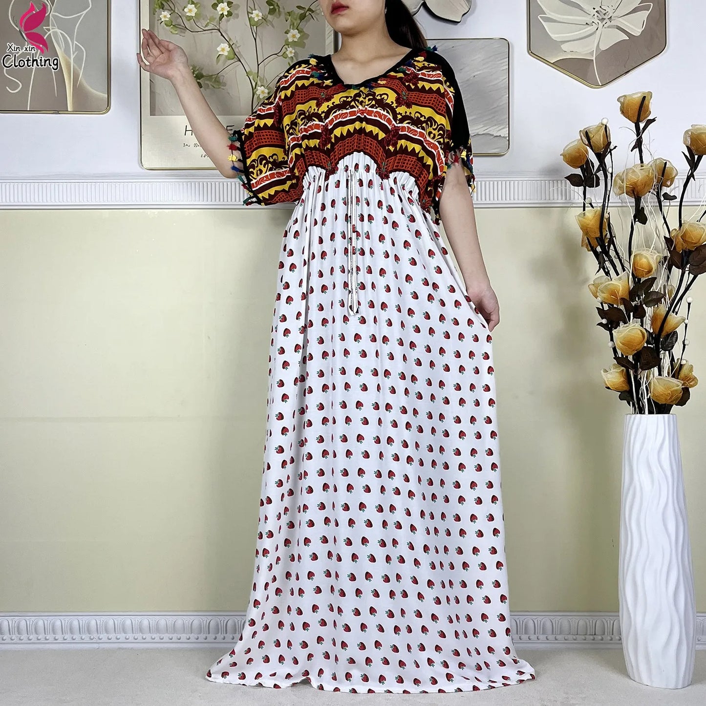 New African Women Dashiki Cotton Dress Fashion Printing Collect Waist Summer Short Sleeve Islam Boubou Maxi Woman Abaya Clothing