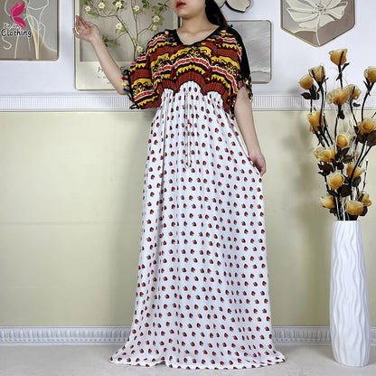 New African Women Dashiki Cotton Dress Fashion Printing Collect Waist Summer Short Sleeve Islam Boubou Maxi Woman Abaya Clothing