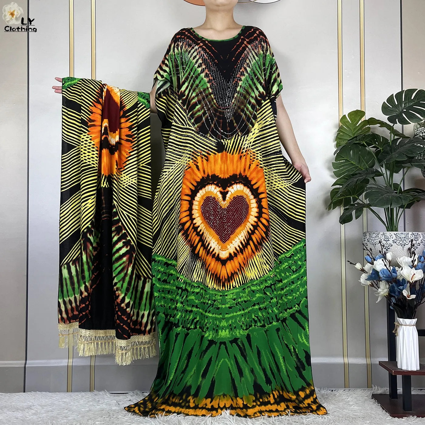2024New Muslim Abaya Cotton Dress Women Loose African Dashiki Maxi Printing Diamonds Femme Robe Dubai Islam Dress With Big Scarf