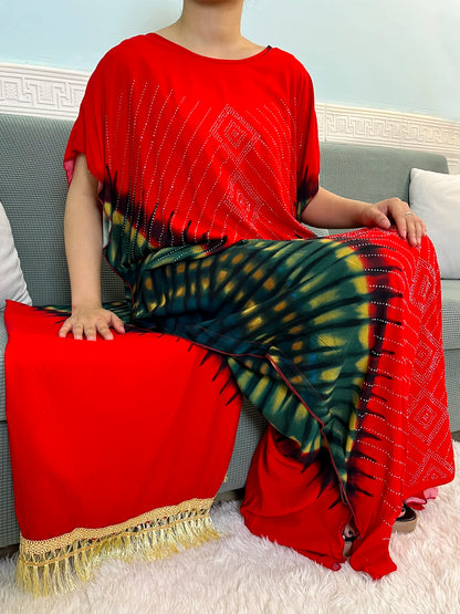 Abayas For Women 2024 Muslim Sets Diamonds Cotton Boubou Caftan Marocaine Nigeria Loose Femme Robe With 165x80cm Tassel Scarf