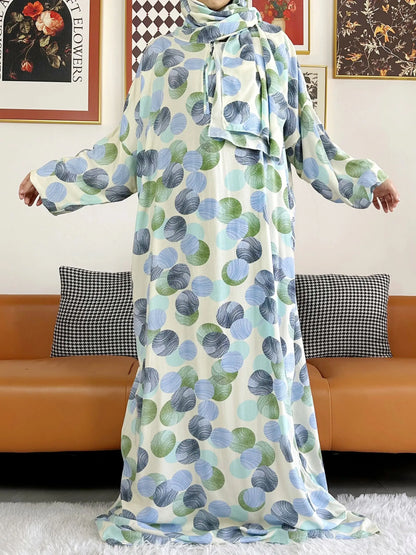 2025 Muslim Rayon Abayas For Women Ramadan Prayer Dubai Turkey Middle East Femme Robe Floral Loose African Dress Turban Joint