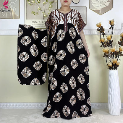 2024Latest African Abaya Women Dashiki Summer Short Sleeve Dubai Fashion Printed Cotton Robe Muslim Femme Loose Dress With Scarf
